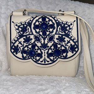Brighton “MEENA” Cream Blue Jewel Leather Top-Handle Leather Crossbody P…